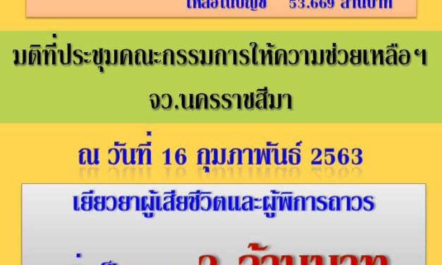 โคราชเตรียมเพิ่มเงินเยียวยาเป็นรายละ 2 ล้านบาท ให้ผู้เสียชีวิตและผู้พิการถาวรจากเหตุกราดยิง