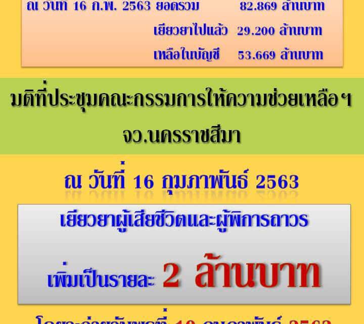 โคราชเตรียมเพิ่มเงินเยียวยาเป็นรายละ 2 ล้านบาท ให้ผู้เสียชีวิตและผู้พิการถาวรจากเหตุกราดยิง