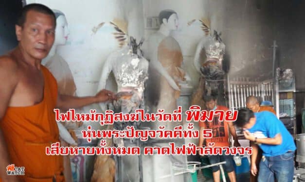 ไฟไหม้กุฏิสงฆ์ในวัดที่พิมาย หุ่นพระปัญจวัคคีทั้ง 5 เสียหายทั้งหมด คาดไฟฟ้าลัดวงจร