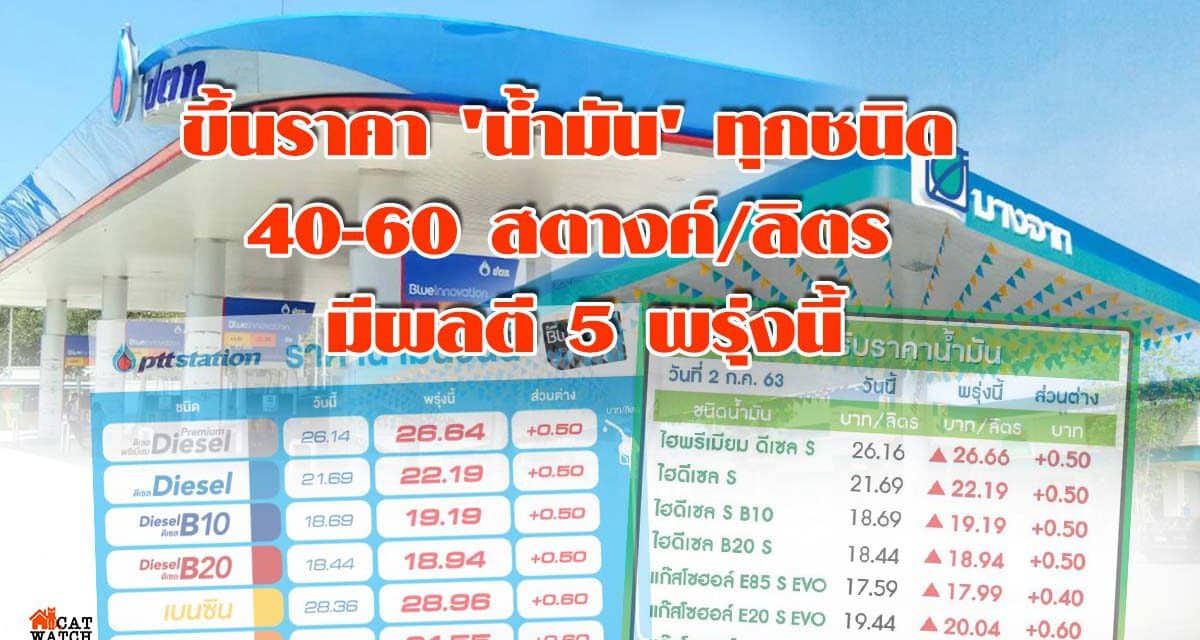 ขึ้นราคา ‘น้ำมัน’ ทุกชนิด 40-60 สตางค์/ลิตร มีผลตี 5 พรุ่งนี้