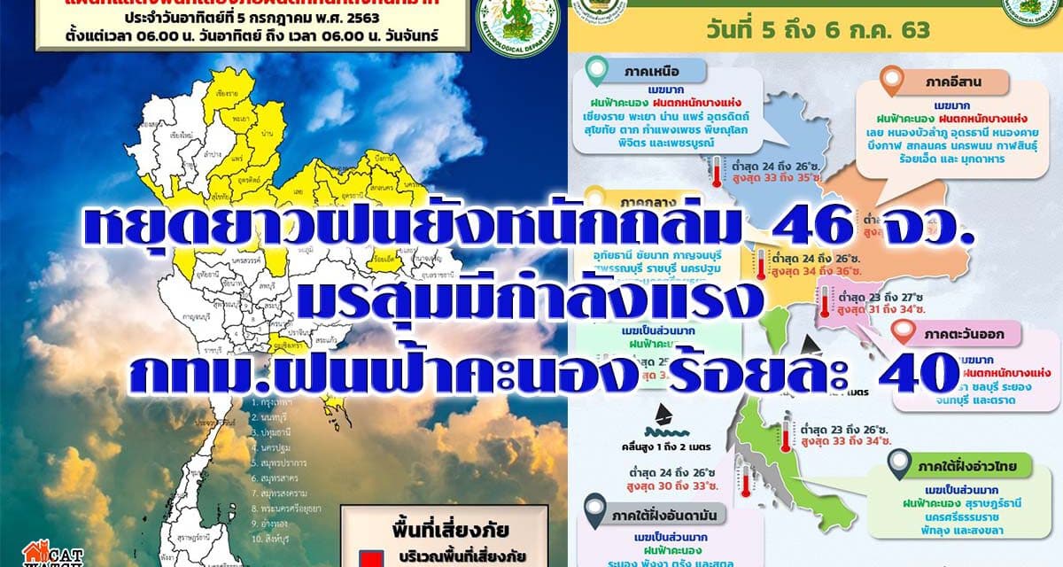 หยุดยาวฝนยังหนักถล่ม 46 จว. มรสุมมีกำลังแรง กทม.ฝนฟ้าคะนอง ร้อยละ 40