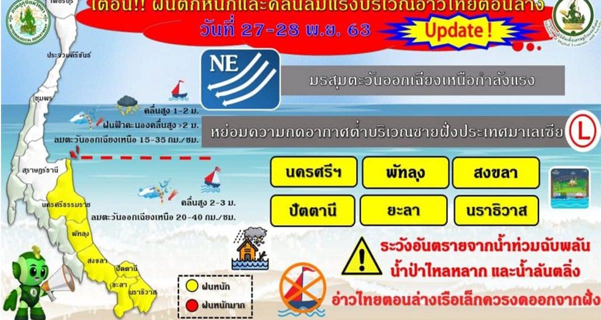 ประกาศเตือน 6 จังหวัดภาคใต้ นครศรีธรรมราช พัทลุง สงขลา ปัตตานี ยะลา นราธิวาส ระวังฝนตกหนัก-ทะเลมีคลื่นสูง
