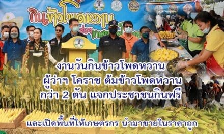 ผู้ว่าฯโคราช ต้มข้าวโพดหวานกว่า 2 ตัน แจกประชาชนกินฟรี และเปิดพื้นที่ให้เกษตรกรนำมาขายในราคาถูกกว่า 200 ตัน เพื่อช่วยเหลือเกษตรกรหลังประสบปัญหาข้าวโพดหวานล้นตลาด