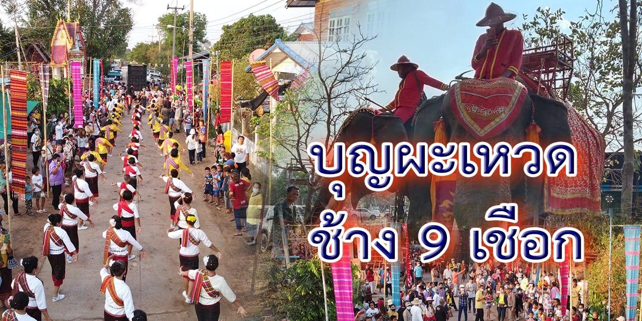 ชาวบ้านจัดงานบุญบุญผะเหวดนำช้าง 9 เชือก แห่พระอุปคุตรอบวัดหนองเดิ่น