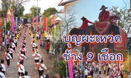 ชาวบ้านจัดงานบุญบุญผะเหวดนำช้าง 9 เชือก แห่พระอุปคุตรอบวัดหนองเดิ่น