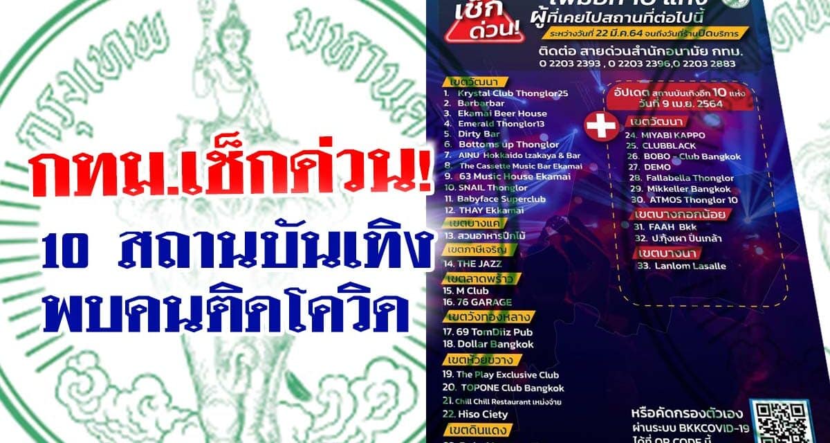เช็กด่วน! กทม.เพิ่ม 10 สถานบันเทิง 3 เขต พบคนติดโควิด ใครไปรีบตรวจหาเชื้อ