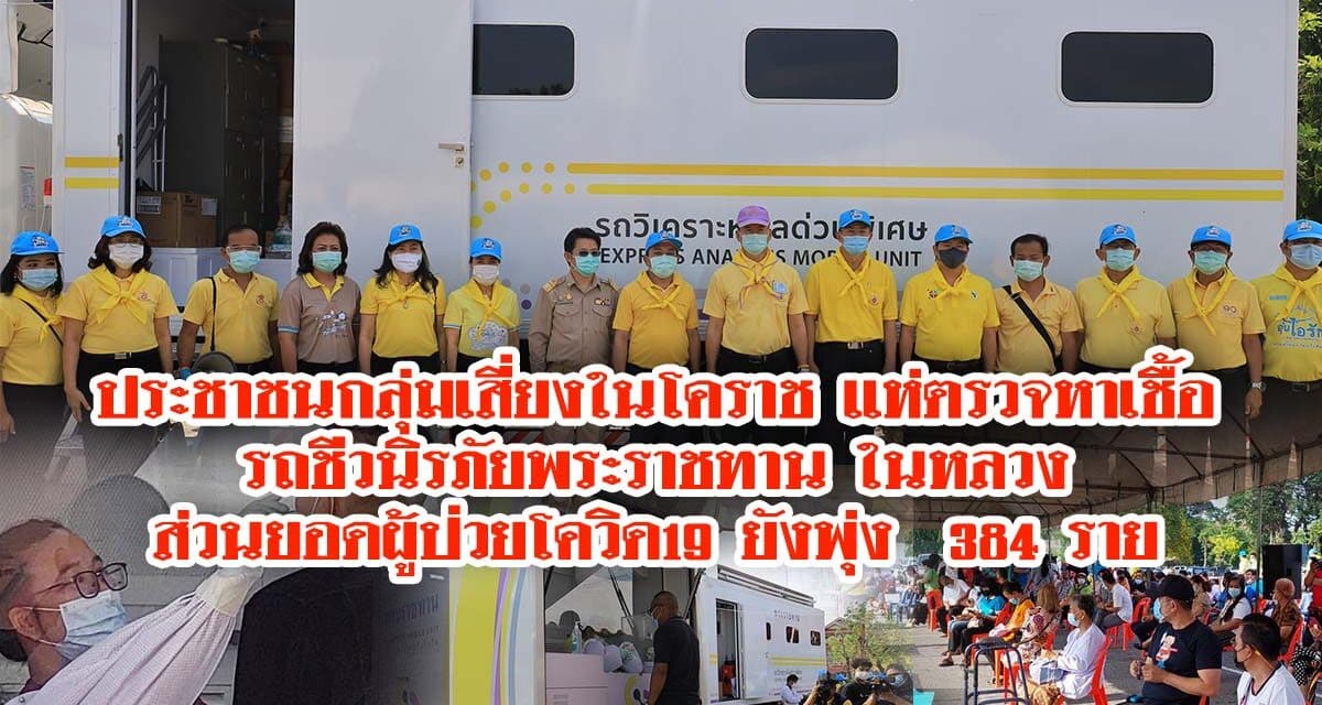 ประชาชนกลุ่มเสี่ยงในโคราช แห่ตรวจหาเชื้อร ถเก็บตัวอย่างชีวนิรภัยพระราชทานจะตรวจหาเชื้อวิด-19  ส่วนยอดผู้ป่วยโควิด19 ยังพุ่ง  384 ราย
