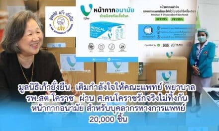 มูลนิธิเก้ายั่งยืน  เติมกำลังใจให้คณะแพทย์ พยาบาล  รพ.สต โคราช  ผ่าน ศ.คนโคราชรักจริงไม่ทิ้งกัน  หน้ากากอนามัย สำหรับบุคลากรทางการแพทย์ 20,000 ชิ้น