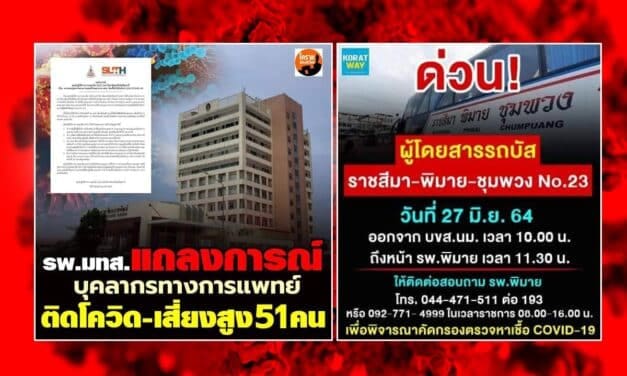 งานเข้า..บุคลากรทางการแพทย์ รพ.มทส.โคราช ติดโควิด พร้อมเร่งประกาศตามตัวผู้โดยสารรถบัส สายโคราช-ชุมพวง ตรวจหาเชื้อด่วน