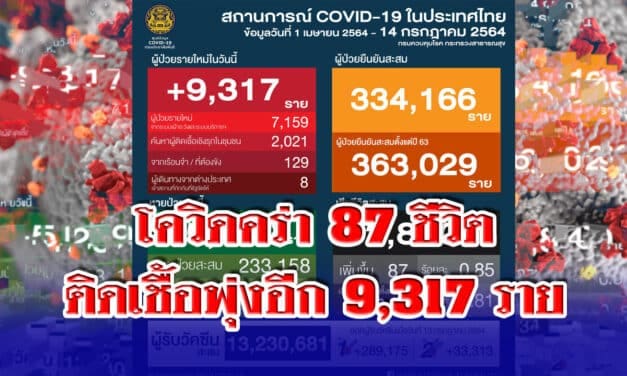โควิดคร่า 87 ชีวิต ผู้ติดเชื้อโควิด-19 รายใหม่พุ่ง ติดเชื้อ 9,317 ราย