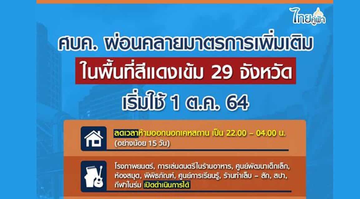 ศบค. ผ่อนคลายมาตรการเพิ่มเติมในพื้นที่สีแดงเข้ม เริ่ม 1 ต.ค. 64