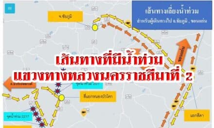 เส้นทางที่มีน้ำท่วมในพื้นที่ความรับผิดชอแขวงทางหลวงนครราชสีมาที่ 2