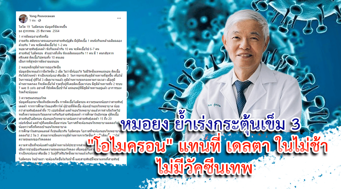 “โอไมครอน” แทนที่ เดลตา ในไม่ช้า ไม่มีวัคซีนเทพ  หมอยง ย้ำเร่งกระตุ้นเข็ม 3