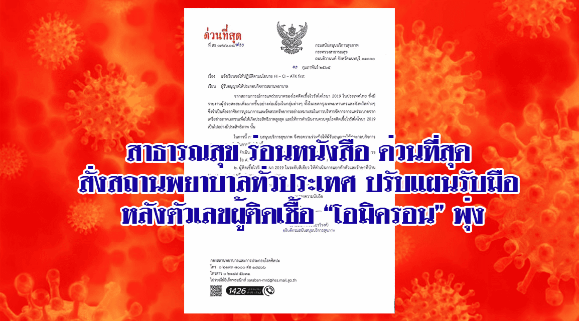 สาธารณสุข ร่อนหนังสือ ด่วนที่สุด สั่งสถานพยาบาลทั่วประเทศ ปรับแผนรับมือ หลังตัวเลขผู้ติดเชื้อ “โอมิครอน” พุ่ง