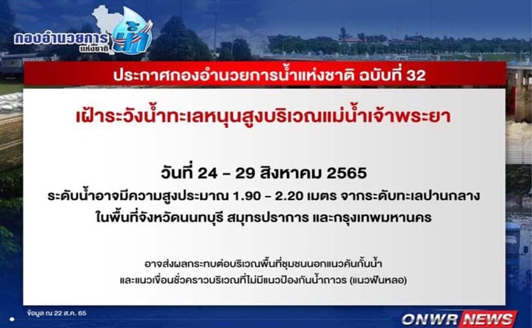 กอนช. เตือน ‘3 จังหวัด’ ริมแม่น้ำเจ้าพระยา รับมือน้ำทะเลหนุนสูง 24-29 ส.ค.