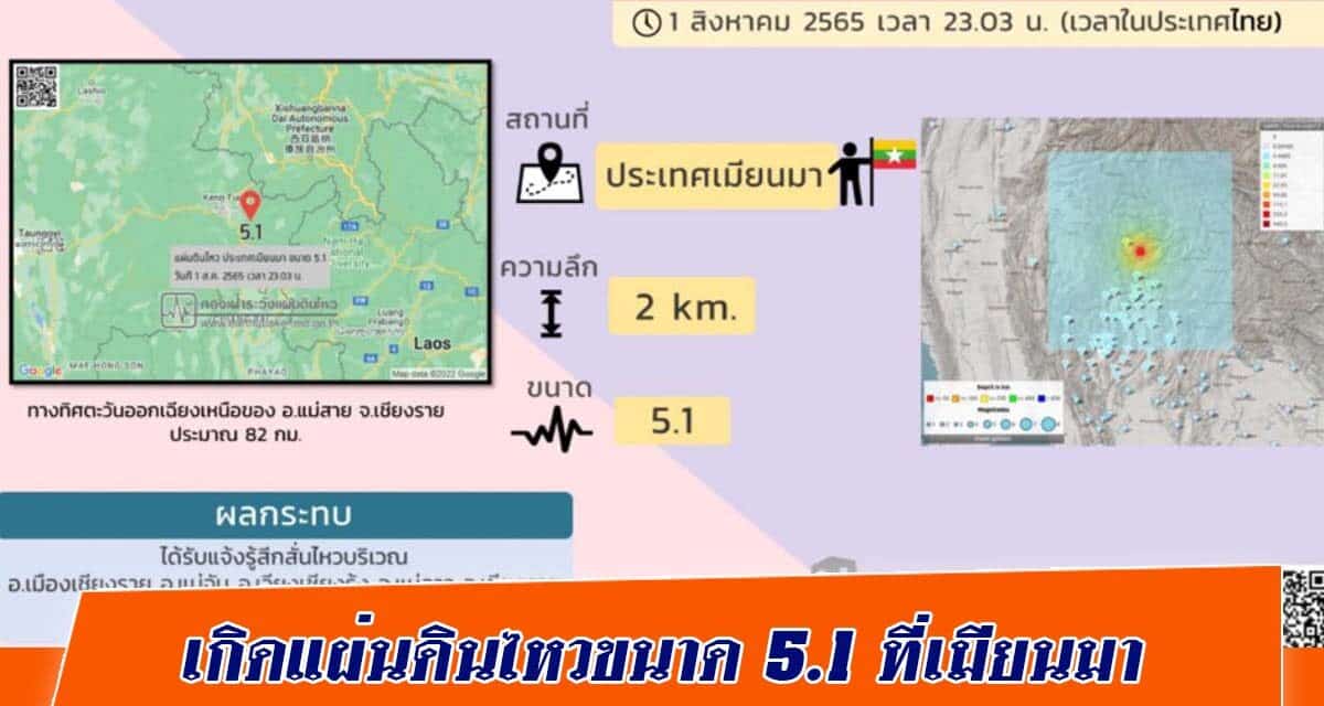 ปภ. ติดตามสถานการณ์ในจังหวัดเชียงใหม่และเชียงรายอย่างต่อเนื่อง หลังเกิดแผ่นดินไหวขนาด 5.1 ที่เมียนมา