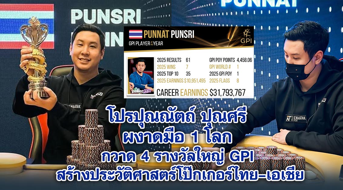 โปรปุณณัตถ์ ปุณศรี ผงาดมือ 1 โลก กวาด 4 รางวัลใหญ่ GPI สร้างประวัติศาสตร์โป๊กเกอร์ไทย–เอเชีย