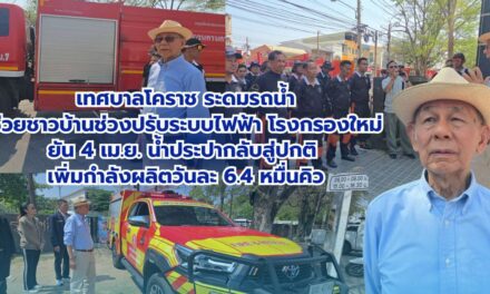 เทศบาลโคราช ระดมรถน้ำช่วยชาวบ้านช่วงปรับระบบไฟฟ้าโรงกรองใหม่ ยัน 4 เม.ย. น้ำประปากลับสู่ปกติ เพิ่มกำลังผลิตวันละ 6.4 หมื่นคิว