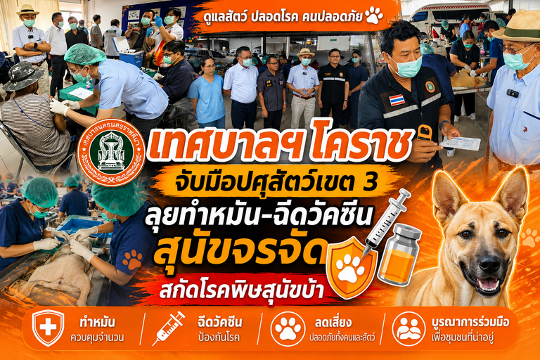 เทศบาลฯ โคราช จับมือปศุสัตว์เขต 3 ลุยทำหมัน-ฉีดวัคซีนสุนัขจรจัด สกัดโรคพิษสุนัขบ้า
